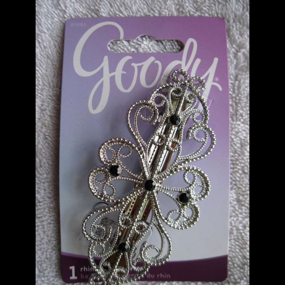 Goody Rhinestone Silver Metal Hair Barrette Clip Fancy Vine Curls Black Gems Lux